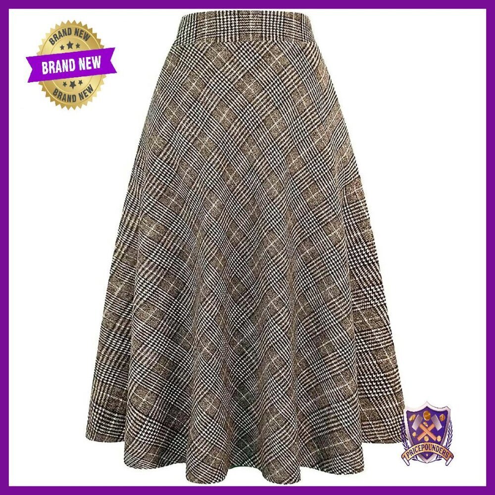 Women's Long Plaid Wool Skirt High Waist A-Line Pleated Fall Winter
